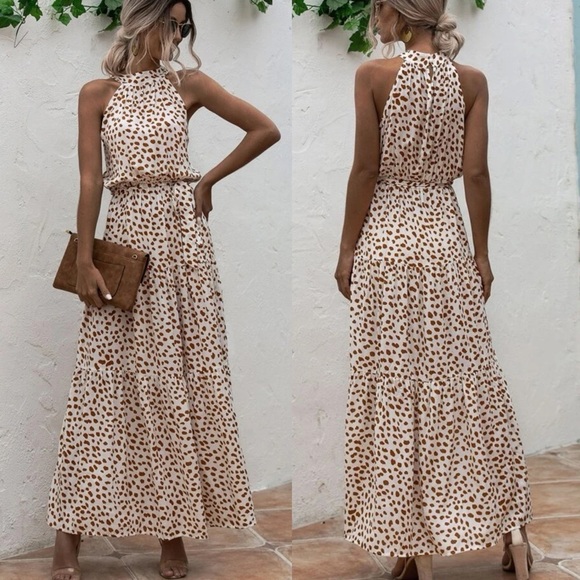 Belted boho ruffle halter maxi dress dot leopard print tan - Picture 1 of 6